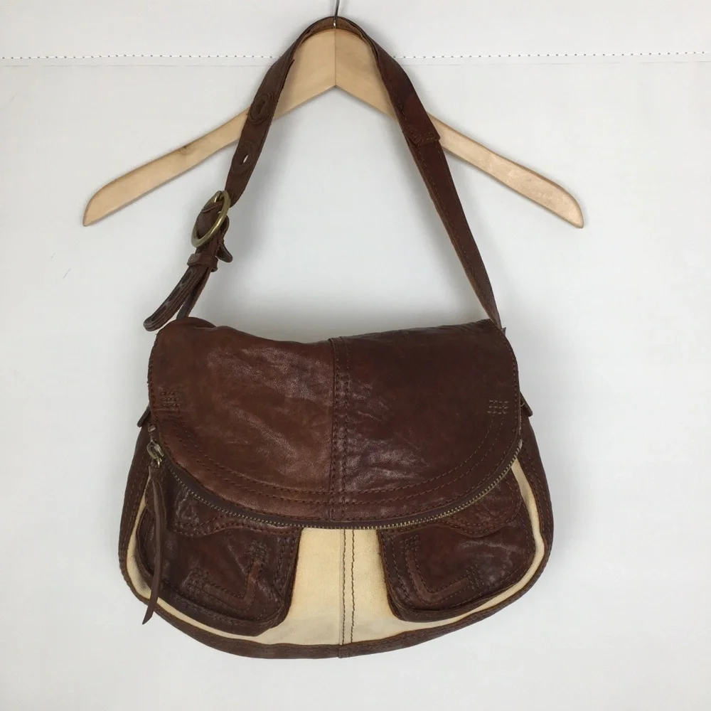 Lucky Brand Italian Leather & Canvas Shoulder Bag Brown Tan Hobo Bag Purse